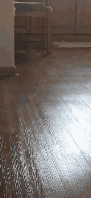 a wooden floor in a room with a stool in the background