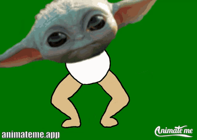 a drawing of a baby yoda on a green background with animateme.app written on the bottom