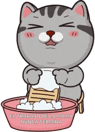 a cartoon cat is sitting in a bowl of soap .
