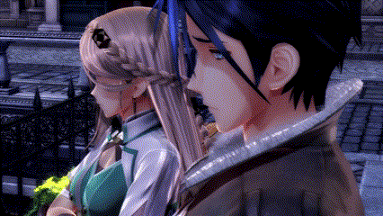 a man and a woman are standing next to each other and looking at each other in a video game .