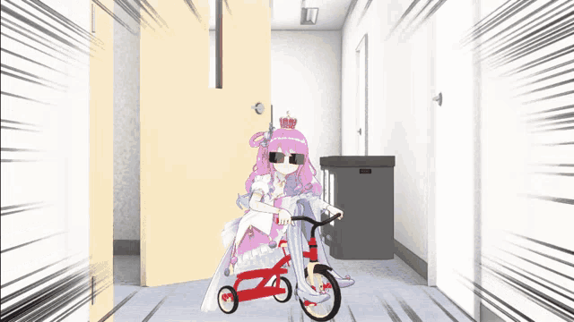 a girl with pink hair is riding a red bicycle