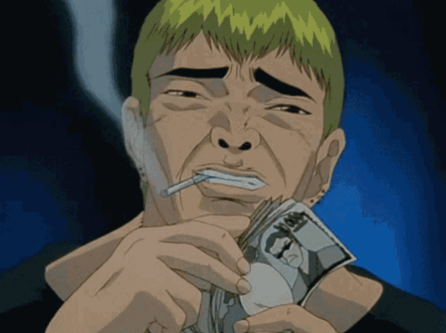 a man with green hair is smoking a cigarette and holding a stack of money