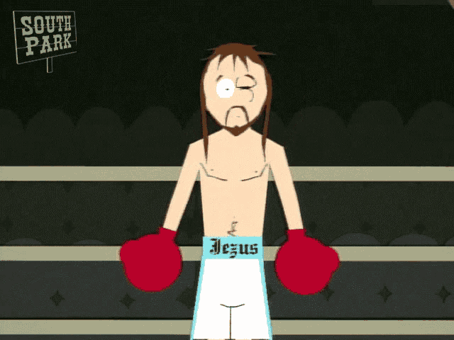 a cartoon of jesus in a boxing ring with a south park sign in the background