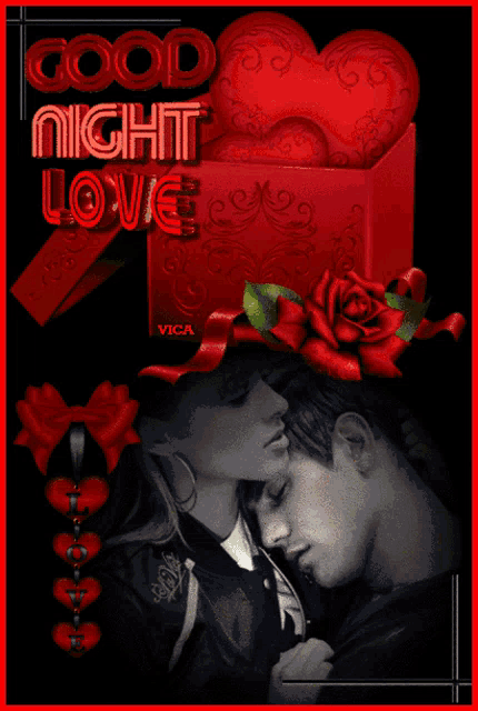 a picture of a man and woman kissing with the words good night love on it