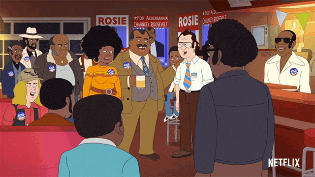 a group of people standing in front of a sign that says rosie on it