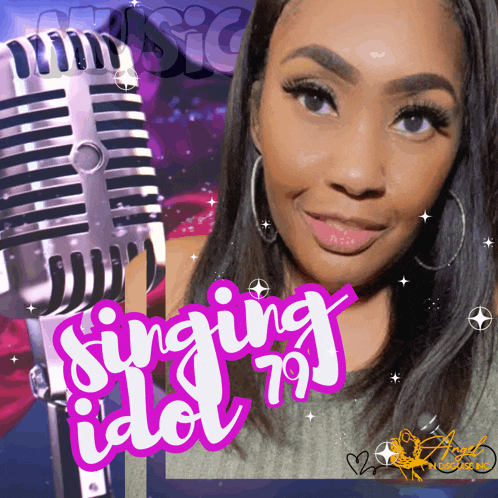a woman is smiling in front of a microphone and the words singing idol are visible