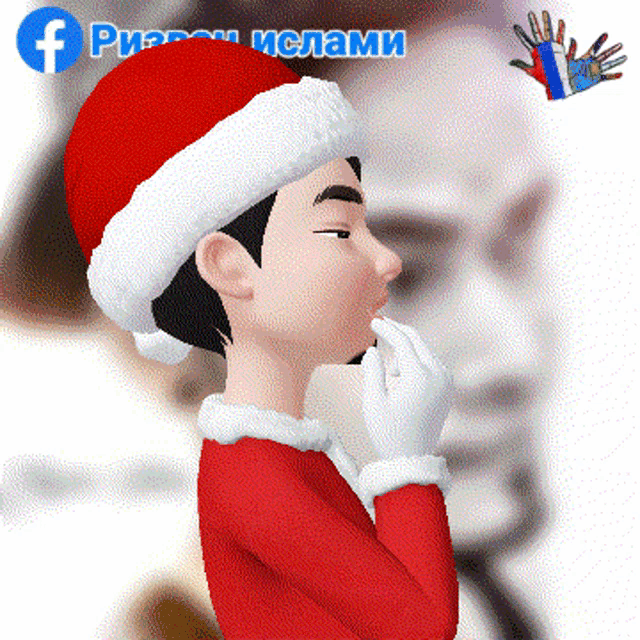 a cartoon character wearing a santa hat and gloves with a facebook logo behind him