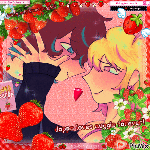 a picture of a boy and a girl with strawberries around them