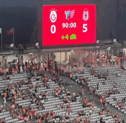 a scoreboard in a stadium shows a score of 0-4