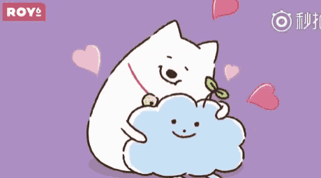 a cartoon of a cat hugging a pink cloud with roy written on the bottom