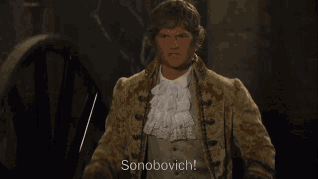 a man in a costume says sonobovich in front of a barrel