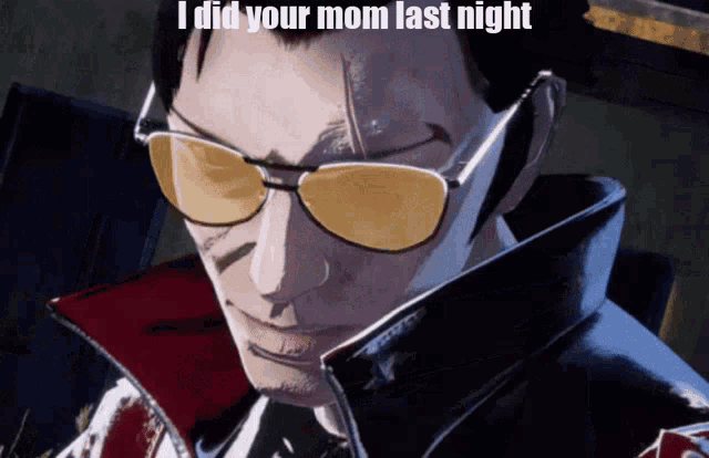 a man wearing sunglasses and a jacket says i did your mom last night