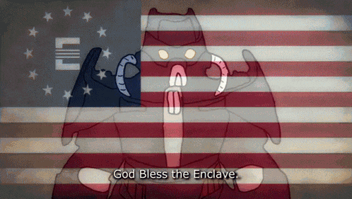 a robot is standing in front of an american flag with the words god bless the enclave
