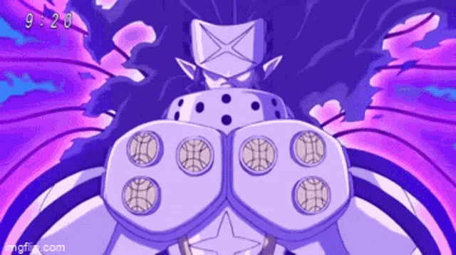 a purple and white cartoon character with a purple background and the time of 9:20