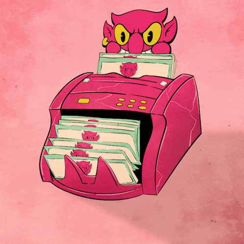 a cartoon drawing of a stack of money with a devil on top