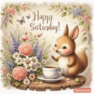a picture of a squirrel with flowers and a cup of coffee and the words happy saturday