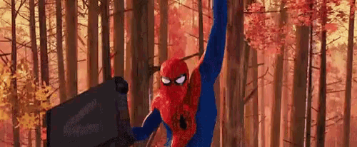 a spider-man is flying through the air in a forest while holding a briefcase .