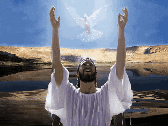 a painting of jesus with his arms outstretched and a dove flying in the background