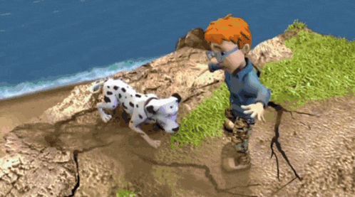 a cartoon of a boy and a dalmatian dog on a cliff