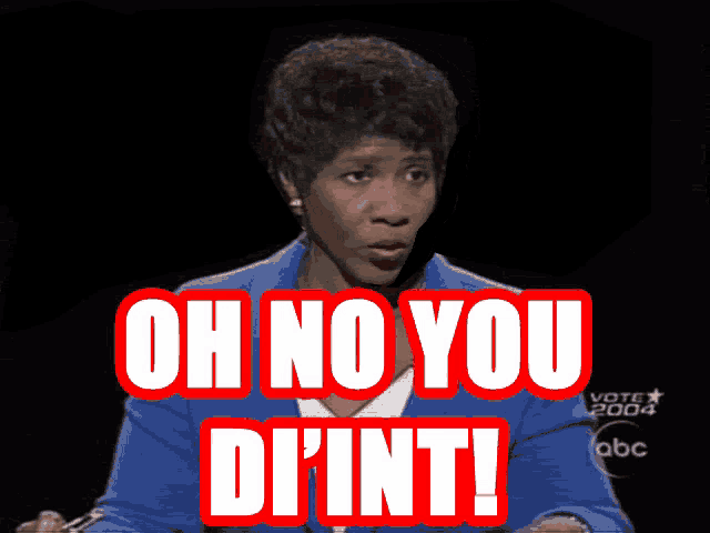 a woman in a blue suit says oh no you di 'int