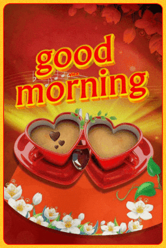 a good morning card with two cups of coffee in the shape of a heart