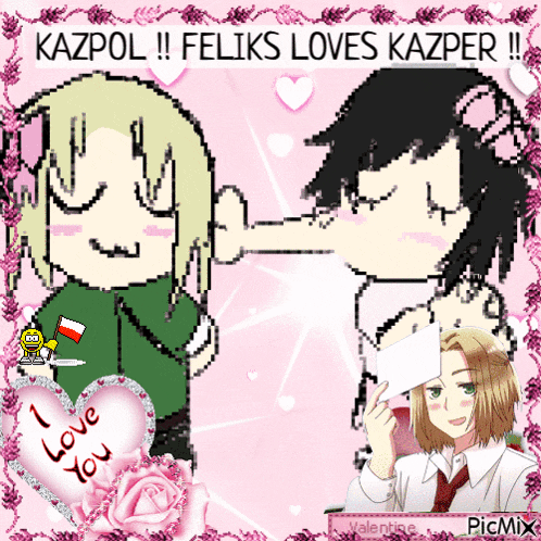 a pixel art of a boy kissing another boy with the words " kazpol feliks loves kazper "