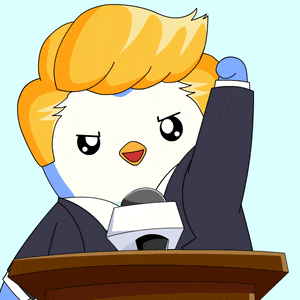 a cartoon of a penguin giving a speech at a podium