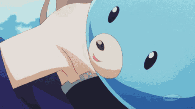 a cartoon of a person petting a blue teddy bear with an anime logo in the corner