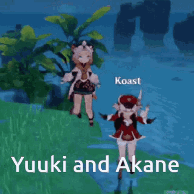 a couple of anime characters standing next to each other with the words yuuki and akane above them