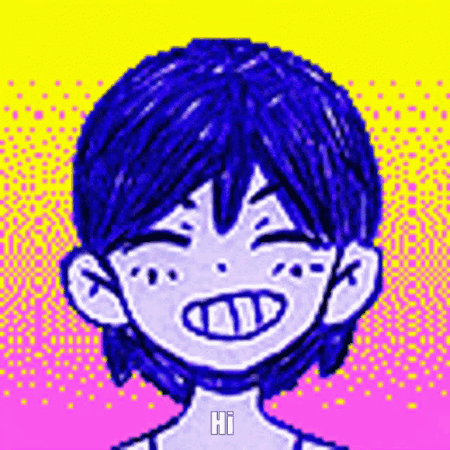 a pixel art drawing of a girl with blue hair and a yellow and pink background .