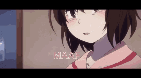 a close up of a girl 's face with the word maaf behind her