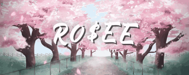 a painting of a path with trees and the word roseee