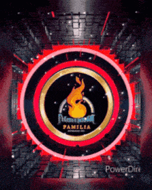 a red and black circle with a flame and the word familia on it