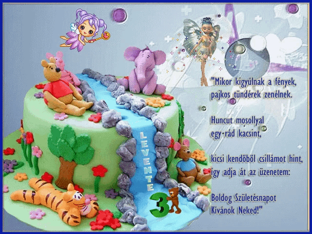 a birthday cake for levente with a waterfall and animals on it
