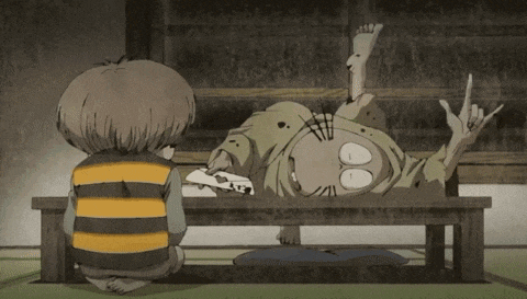 a cartoon character is laying on a wooden bench while another cartoon character looks on