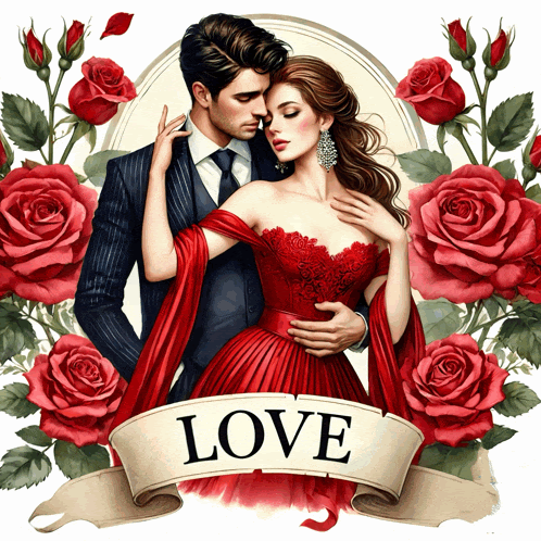 a painting of a man and woman surrounded by red roses with a banner that says love on it