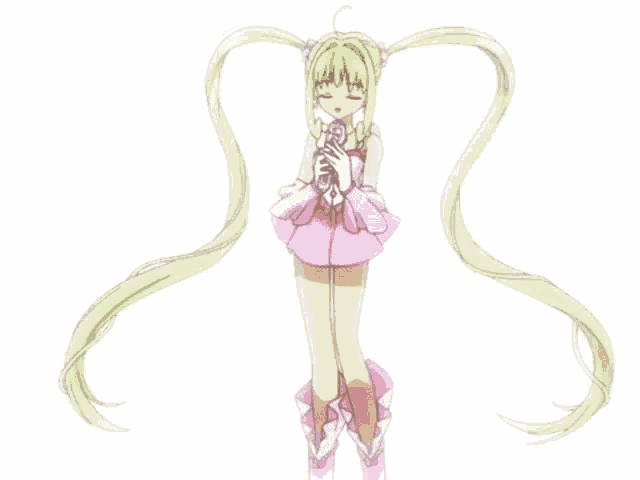 a girl with pigtails is holding a microphone in her hand