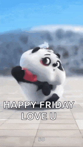 a panda bear is holding a red heart and saying happy friday love u .