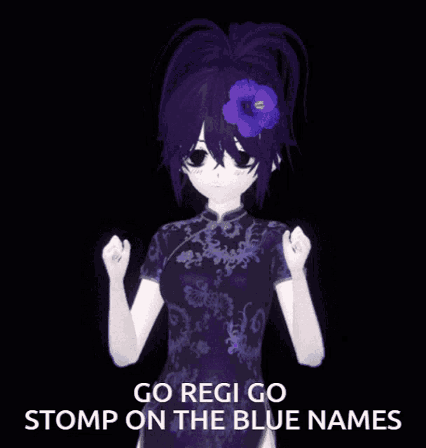 a picture of a girl with purple hair and a flower in her hair with the words go regi go stomp on the blue names