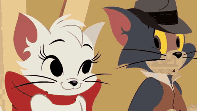 a cartoon drawing of a white cat and a cat in a hat