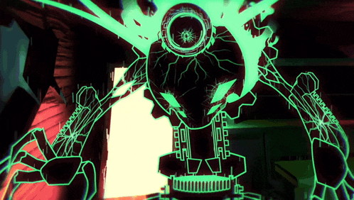a drawing of a robot with a green light coming out of it 's head