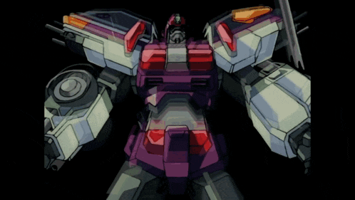 a robot with a purple and white body and a red head