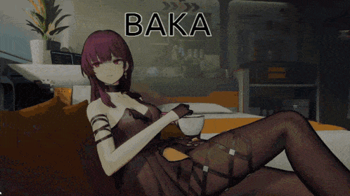 a girl is laying on a bed with the word baka written on the bottom