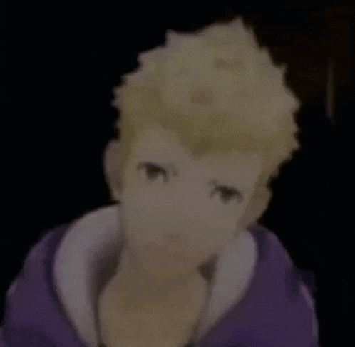 a close up of a cartoon character wearing a purple jacket and a white collar .