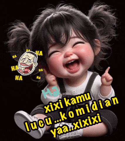 a picture of a baby laughing with the words " lucu ... komidian yaa..xixixi " below her