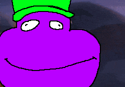 a pixel art of a purple and yellow cartoon character with a green hat