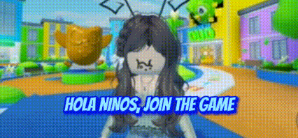 a girl is standing in a video game with the words `` hola niños , join the game '' written above her .