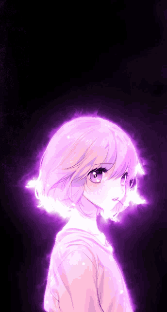 a girl with purple hair and a purple background