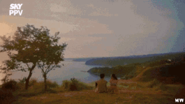 a couple sits on a hill overlooking a body of water with sky ppv written on the bottom right