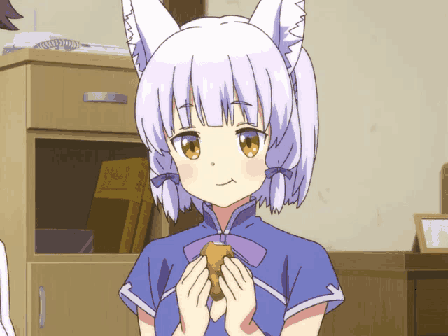 a girl with cat ears is holding a piece of meat